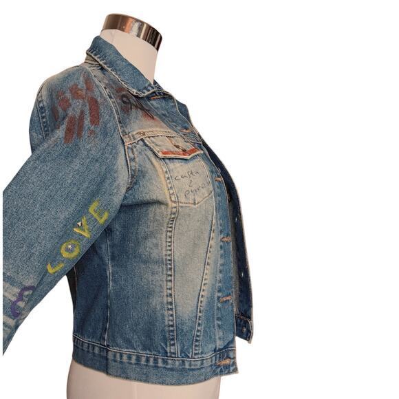 VINTAGE 90s Y2K Jean Jacket Painted Denim Butterflies Artsy Studs Faded Small - Picture 4 of 14